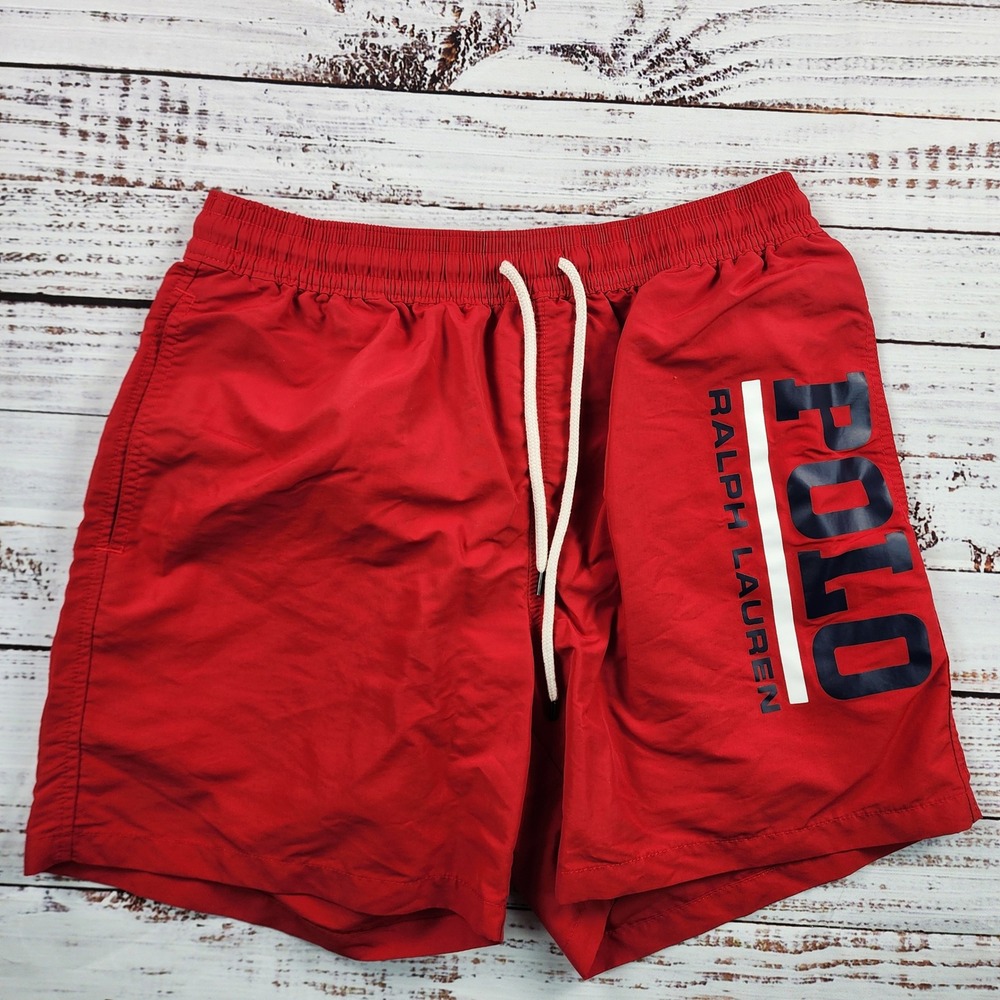 Polo Ralph Lauren Mens Red Logo Swim Trunks Shorts Mesh Lined Large 6" Inseam